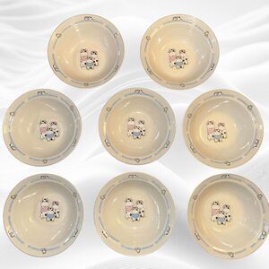 Tienshan - 7"  Bowls Set Of 8 Whimsical Cow Family, Hearts, Blue‎ Ring